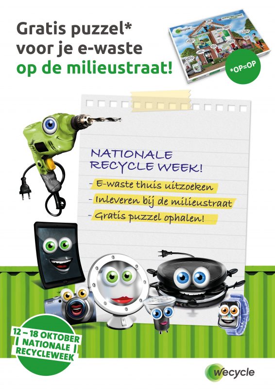 flyer met oude apparaten met kladbloknotitie nationale recycleweek