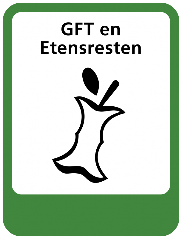 icoon van afvalstroom GFT (GFT en etensresten met een klokhuis in een groen kader