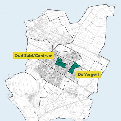 De wijken Centrum/Oud-Zuid en De Vergert zijn donkerblauw gemaakt op een een geografische kaart van de gemeente Duiven.