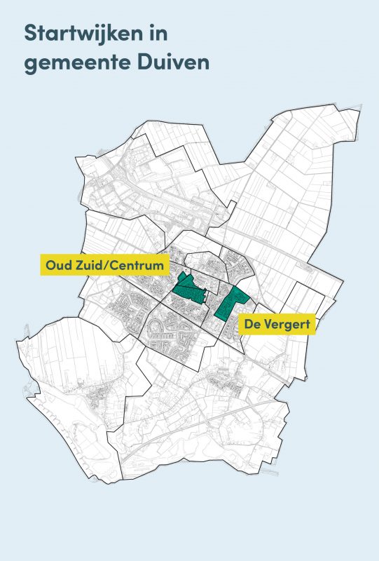De wijken Centrum/Oud-Zuid en De Vergert zijn groen gemaakt op een een geografische kaart van de gemeente Duiven. 